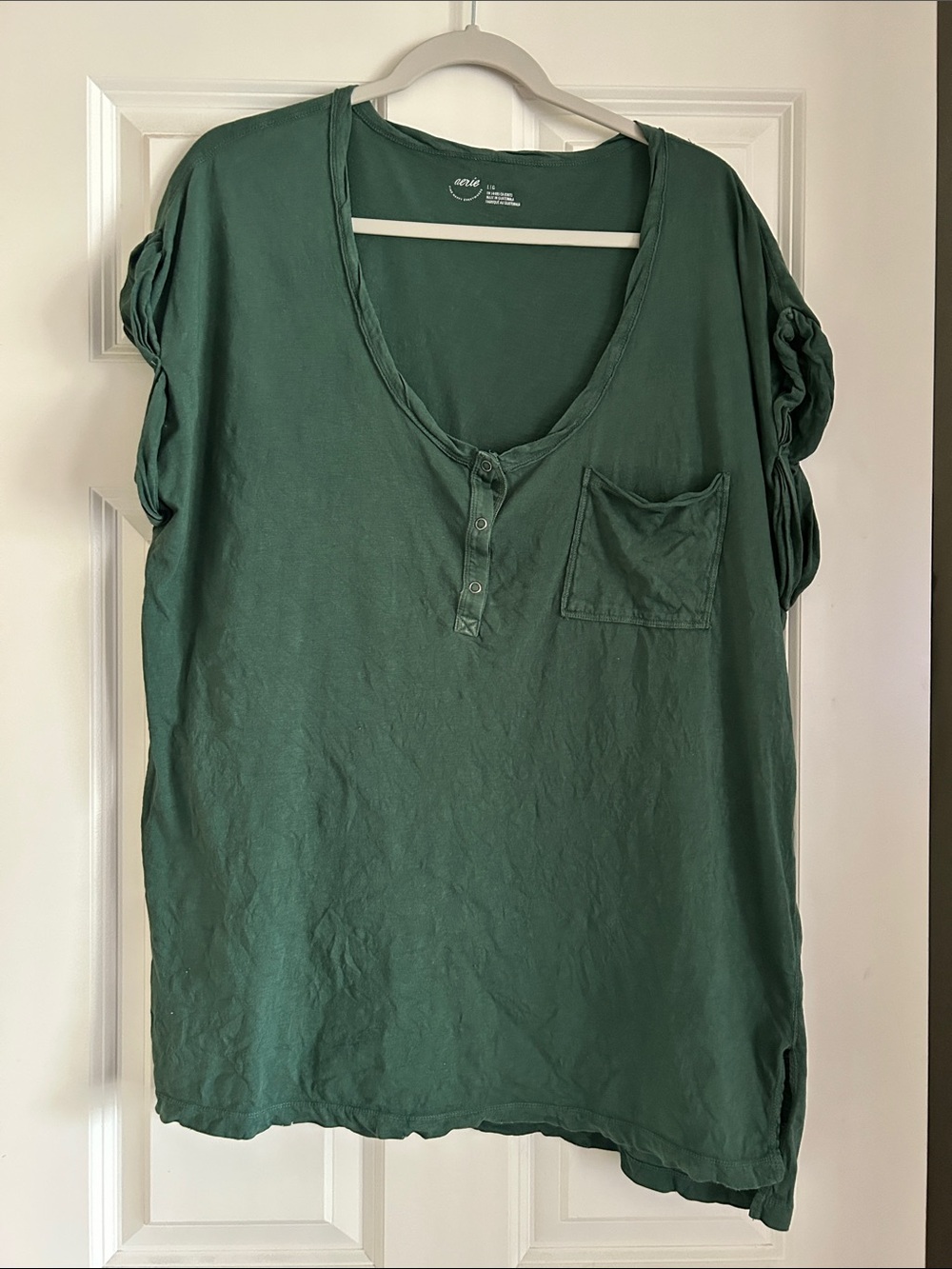 aerie Green Henley Pocket Short Sleeve Tee L